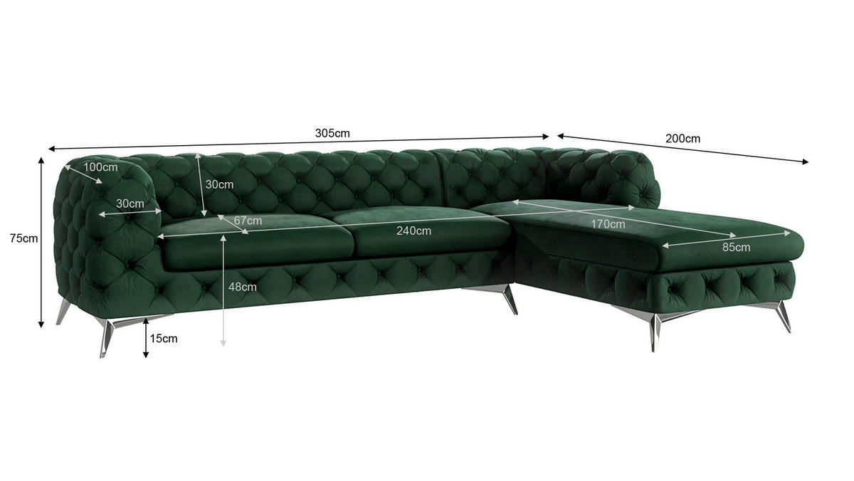 ECKSOFA Chesterfield Laura Flasche Grün Samt - Smaragdgrün/Silberfarben, Holz/Textil (305/200cm) - S-Style Möbel