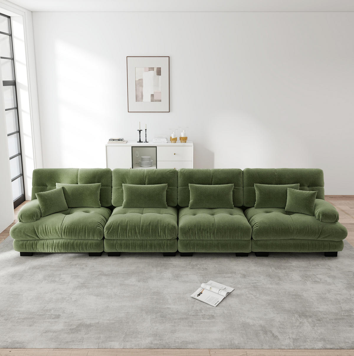 MODULÁRNÍ rohová pohovka z chenillu 406x77x81 cm zelená s hlubokým sedem a měkkým polstrováním - zelená barva, textil (77/81/406cm) - Modfu