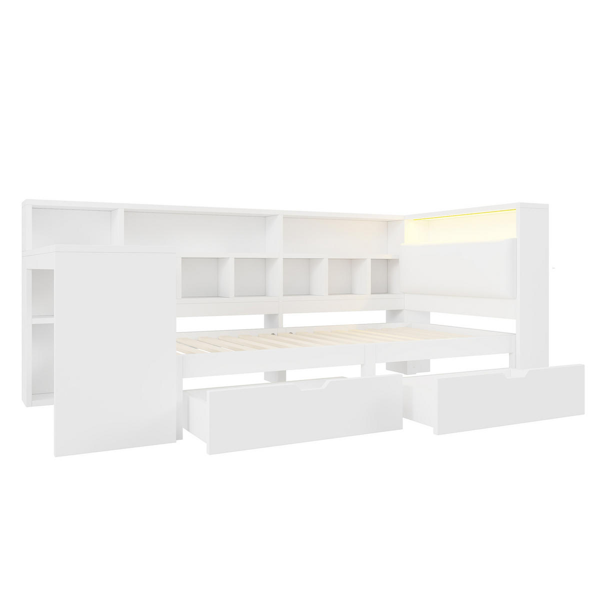BETT aus MDF und Sperrholz 90x200 cm Weiß mit Schreibtisch, Bücherregal, LED und USB-Ladestation - Weiß, Holzwerkstoff (90/200cm) - Modfu