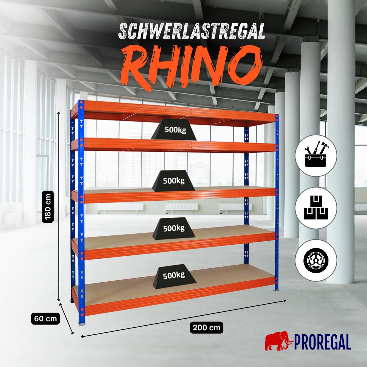 SCHWERLASTREGAL Rhino 180x200x60 cm 5 Spanplatten-Ebenen 8mm Fachlast 500 kg Blau/Orange - Blau/Orange, Metall (200/180/60cm) - PROREGAL