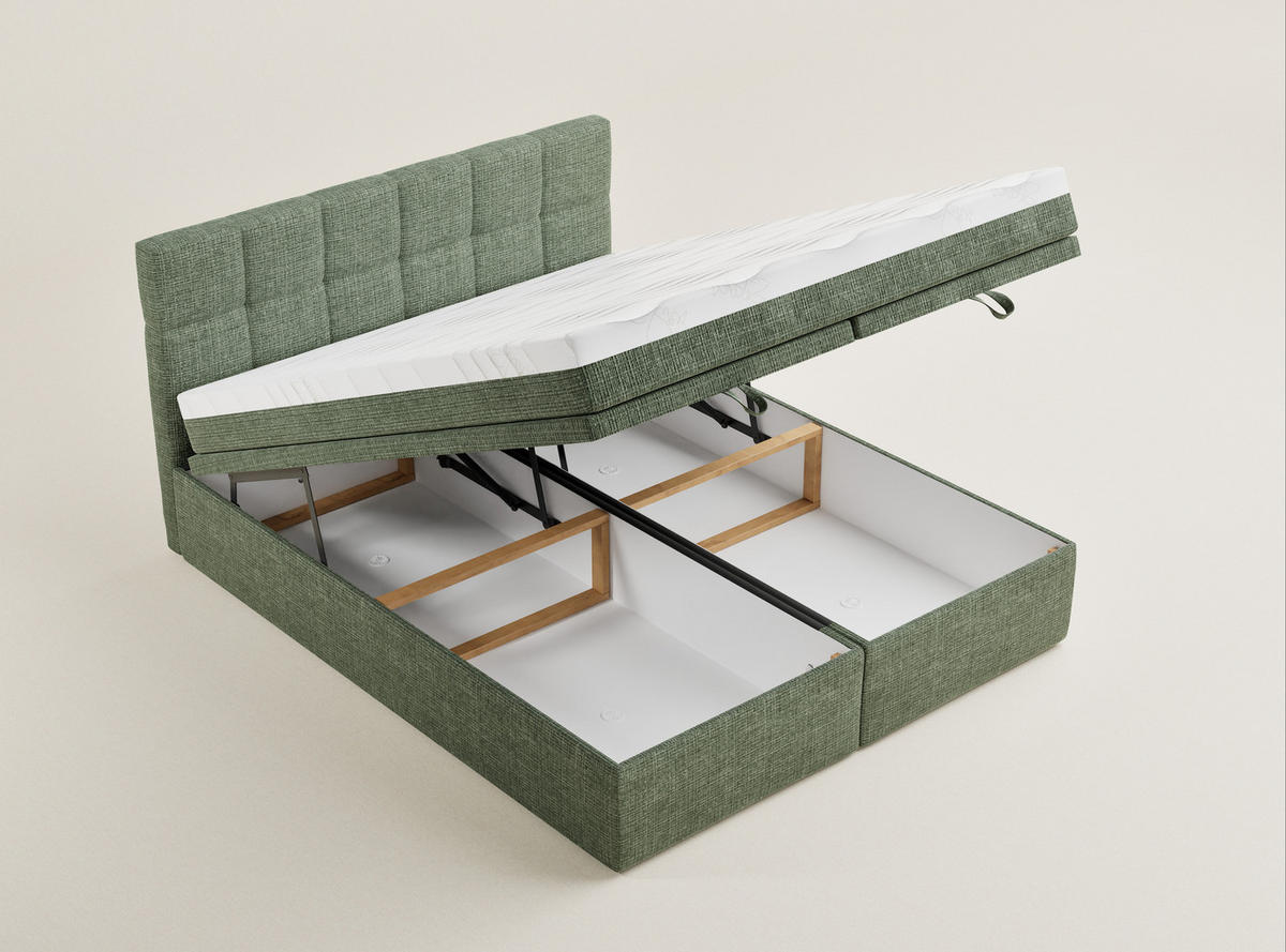 BOXBETT 140/200 cm Gotu S, in Grün, Matratze, gepolstertes Kopfteil, Bettkasten, H3 = fest - Schwarz/Grün, Holz/Holzwerkstoff (140/200cm) - Maison de Reve