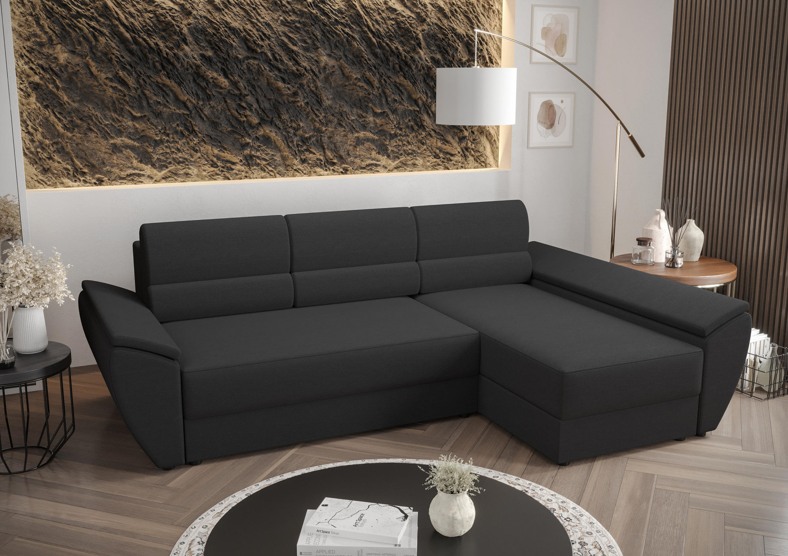 ECKSOFA L REBI L3 Rainbow 27 Rechts mit Schlaffunktion, Grau - Grau, Textil (251/140cm)