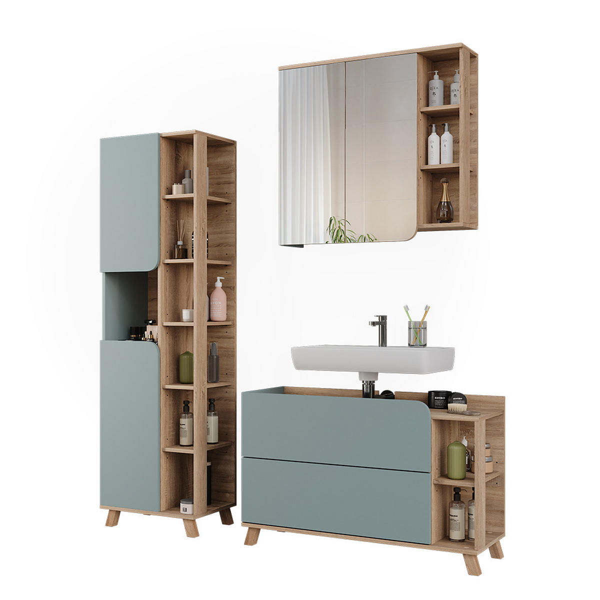 BADMÖBEL-SET Karen Sonoma/Blau 3 Teile - Blau, Holzwerkstoff (100/65/35cm) - Vicco