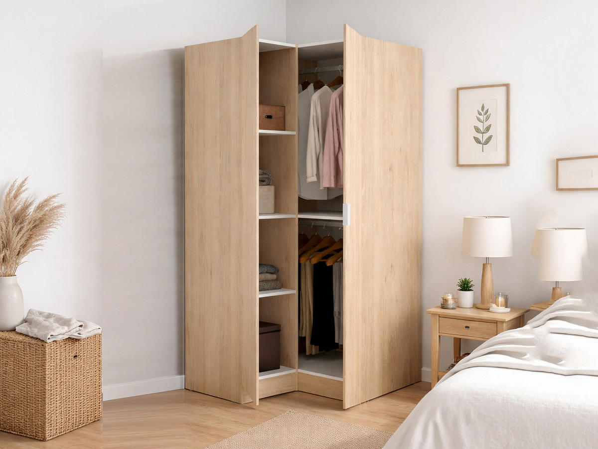 ECKKLEIDERSCHRANK Holz-Effekt Eiche 92.5x90.5h184 - Braun, Holzwerkstoff (91/184/93cm) - DMORA