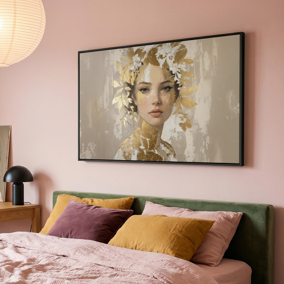 LEINWAND Bilder mit Rahmen - Gesicht - Frau - Blätter - Gold - 150x100 - Beige, Textil (150/100cm) - MuchoWow