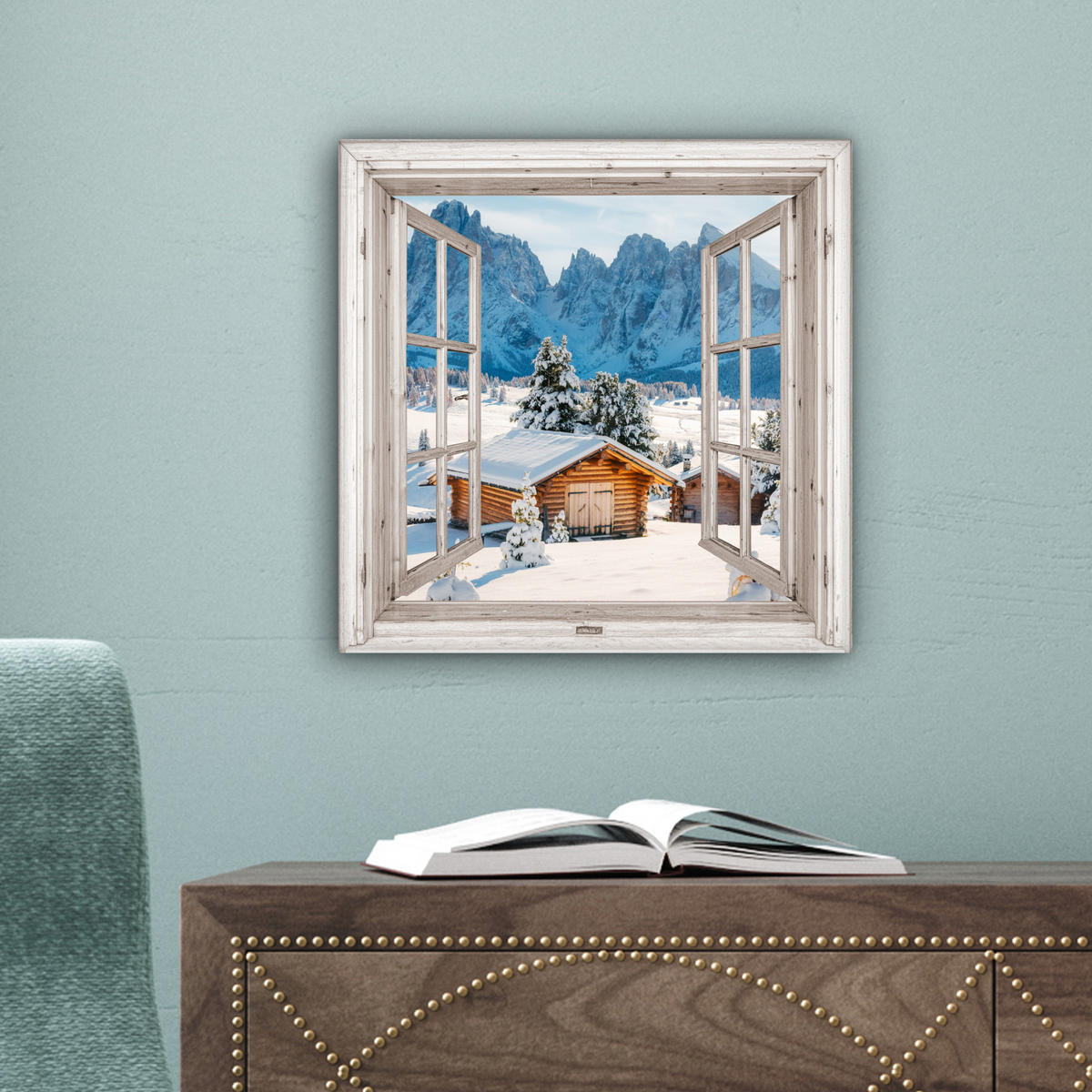 LEINWANDBILD Winterlandschaft - Hütte - Berge - Ausblicke - Aussicht - Natur 20x20 cm - Weiß Hochglanz, Textil (20/20cm) - MuchoWow