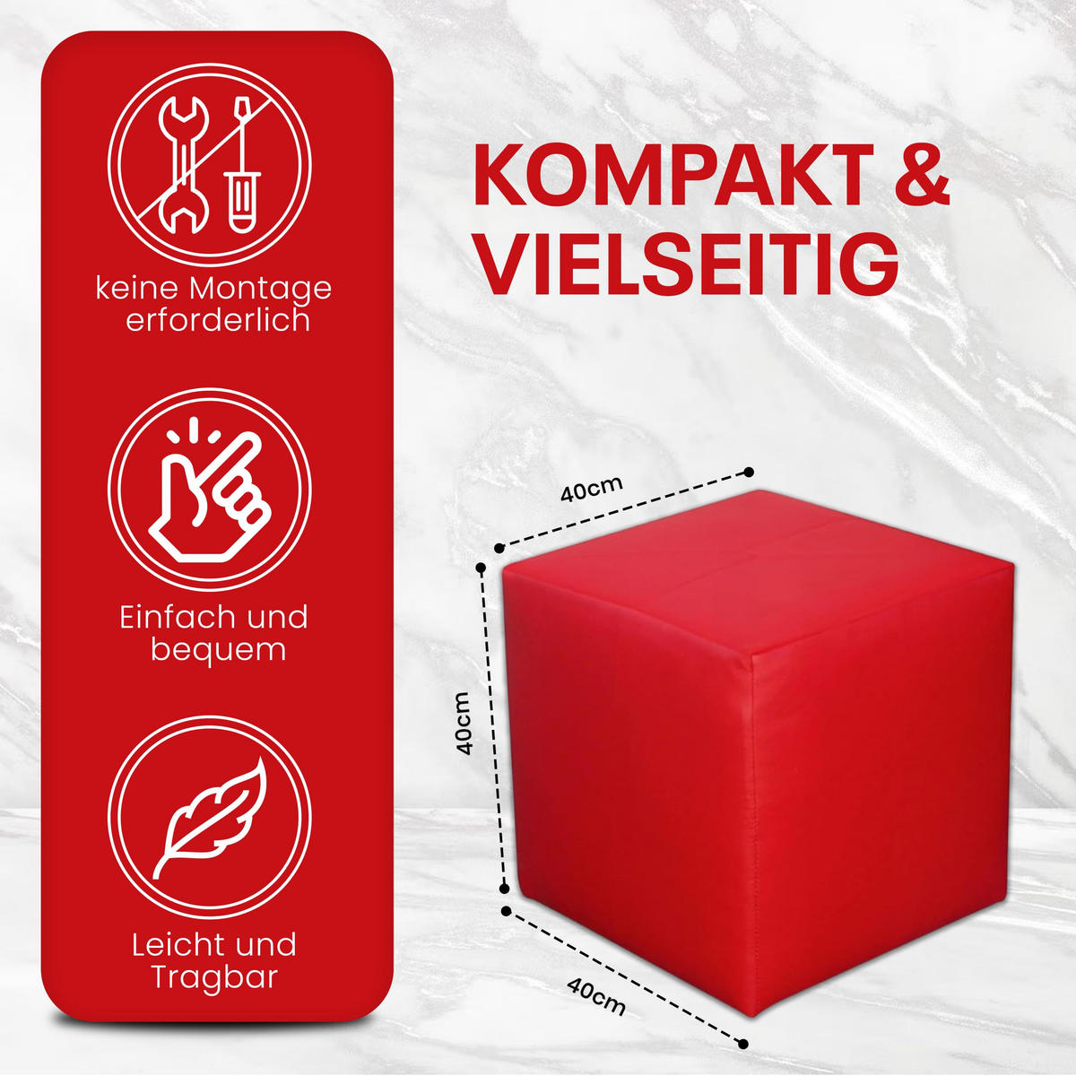 SITZWÜRFEL 40 x 40 x 40 cm Rot aus Kunstleder mit Holzwerkstoffrahmen - Rot, Leder (40/40/40cm) - Best For Home