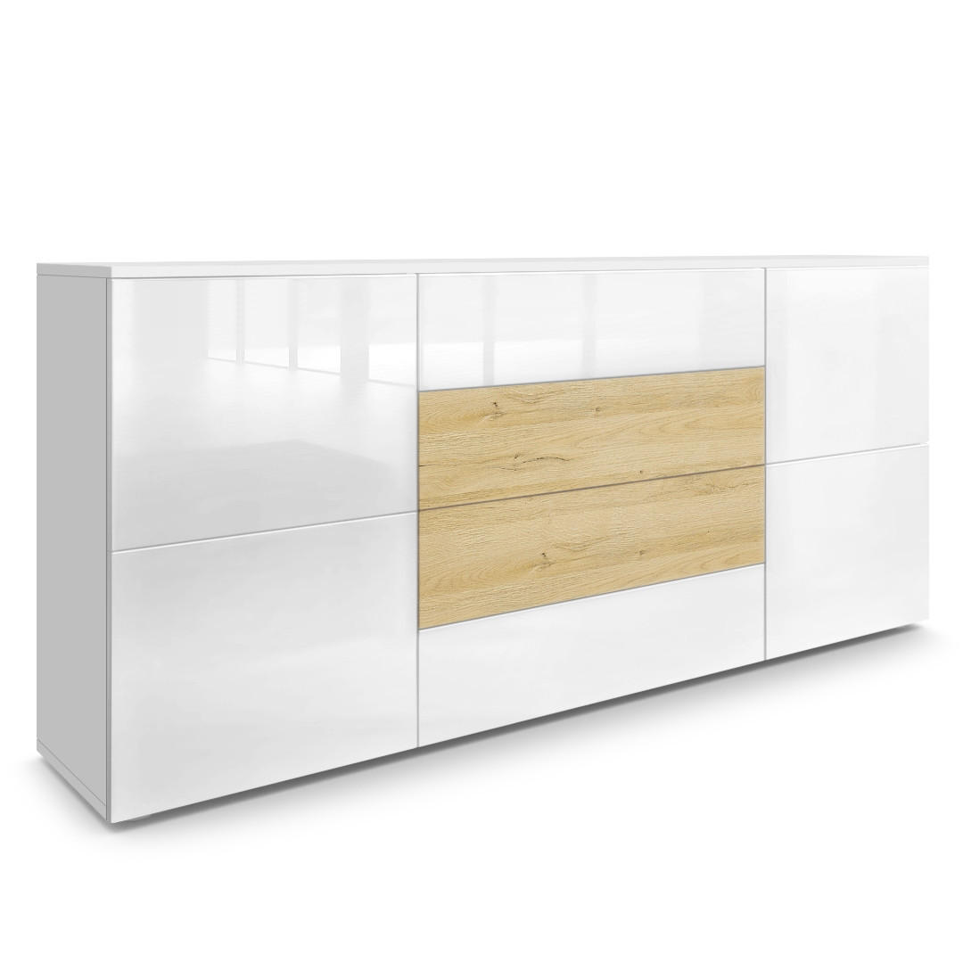 Vladon Sideboard Weiß Hochglanz, Hellbraun 166x72x35 cm