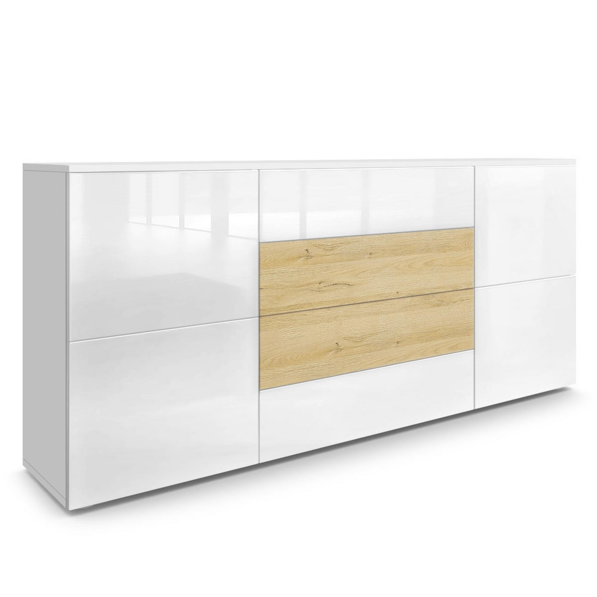SIDEBOARD Rova Weiß Hochglanz/ Eiche Natur - Weiß Hochglanz, Holzwerkstoff (166/72/35cm) - Vladon