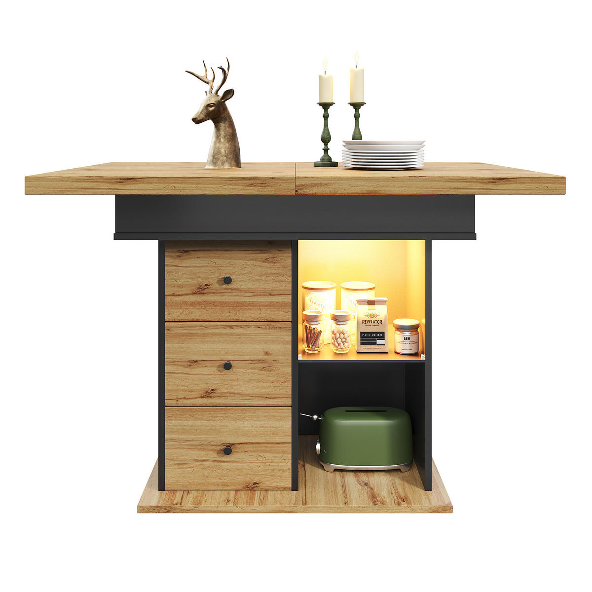 ESSTISCH 110-140x80x75 cm in Natur und Schwarz aus MDF mit LED-Beleuchtung ausziehbar - Naturfarben, Holzwerkstoff (140/80/75cm) - Modfu