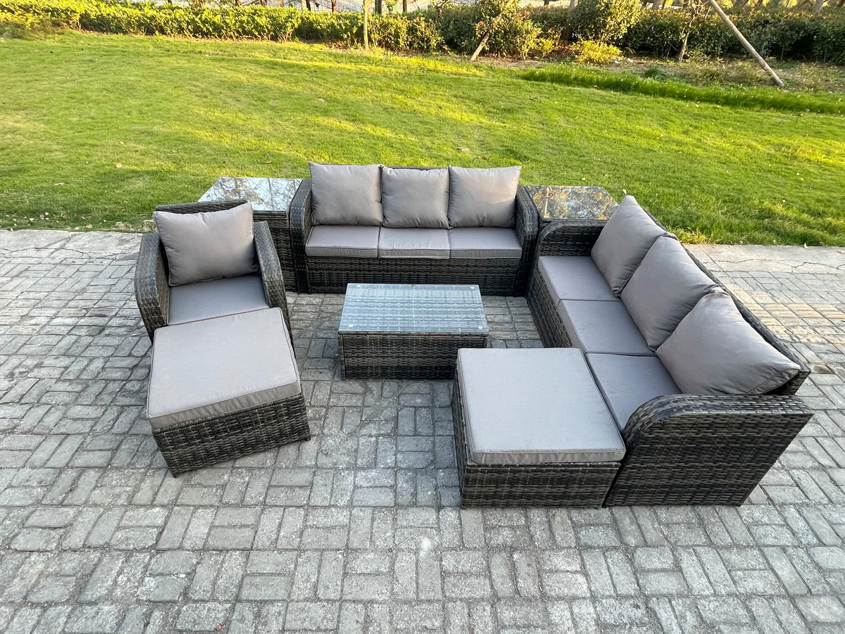 GARTENMÖBEL-SET mit Kissen Polyrattan Dunkelgrau 9-Sitzer - Dunkelgrau/Grau, Glas/Kunststoff - Fimous