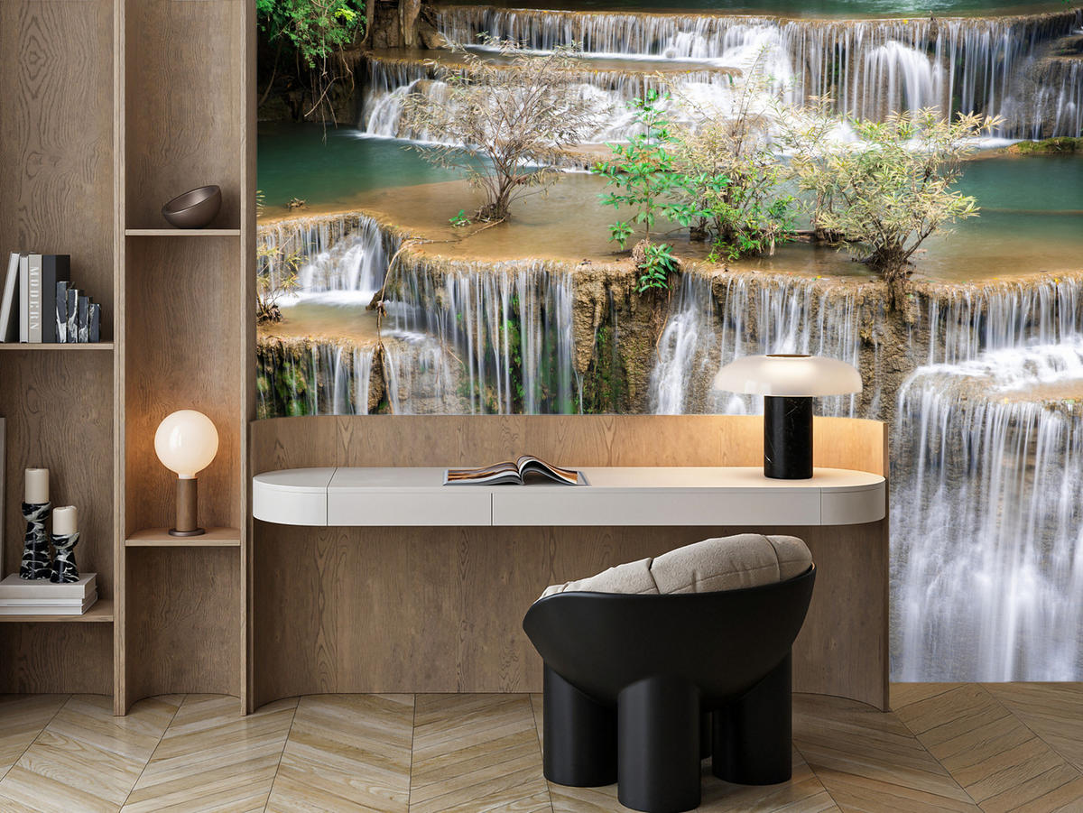 FOTOTAPETE für Wohnzimmer Wasserfall Panorama Pflanzen Natur 400x280 - Blau/Beige, Papier (400/280cm) - Muralo