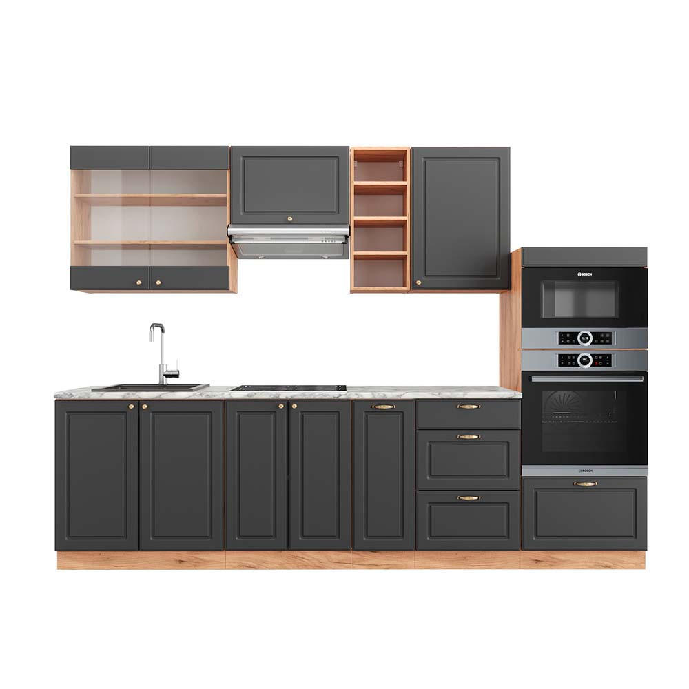 KÜCHENZEILE Fame-Line Anthrazit Landhaus/Goldkraft Eiche 280 cm AP Marmor - Dunkelgrau/Eiche Wotan, Holzwerkstoff (280/81.6/60cm) - Vicco