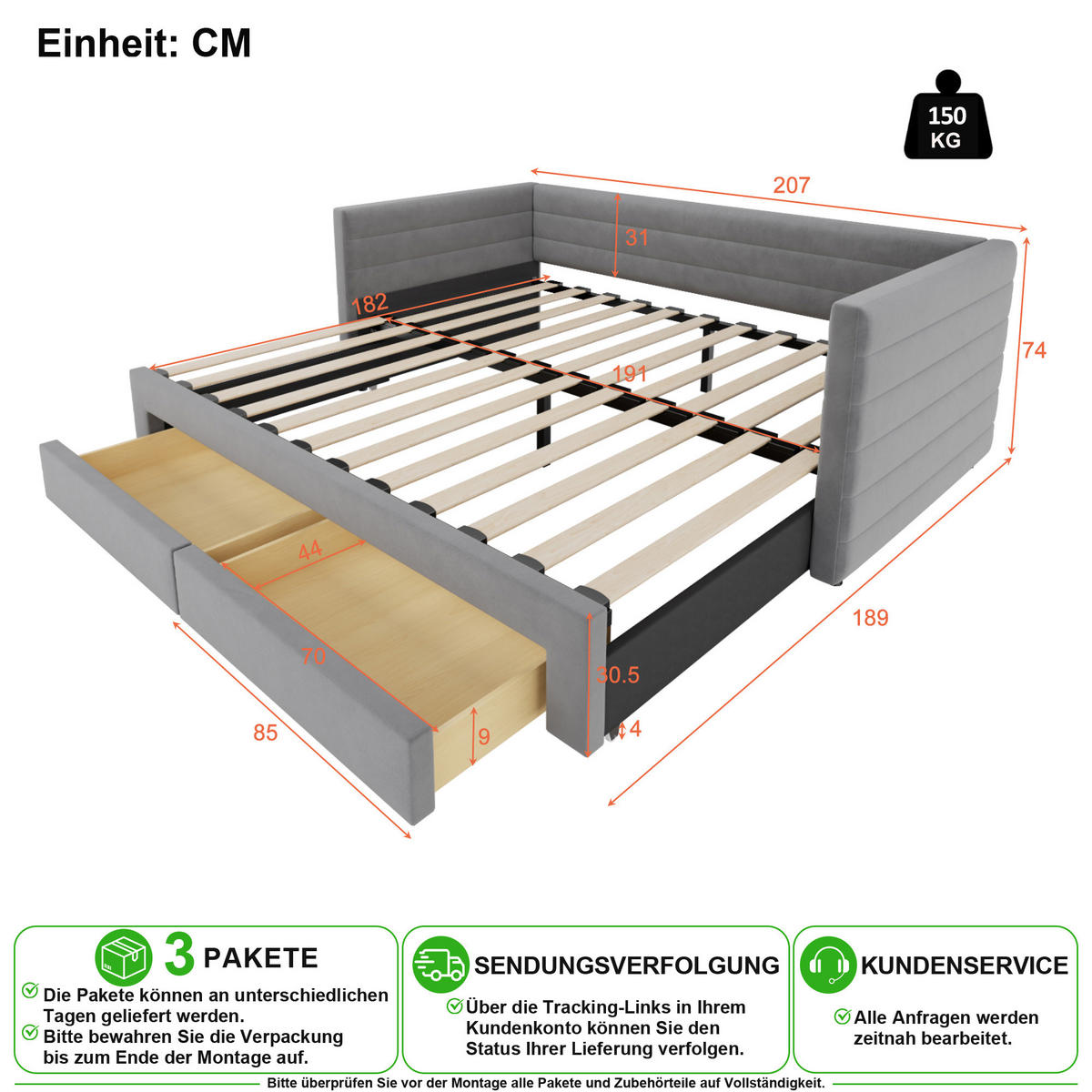 ČALOUNĚNÁ POSTEL 90/190 cm & 180/190 cm v šedé barvě se zásuvkami - šedá, kov/kompozitní dřevo (90/190cm) - CHICFURN