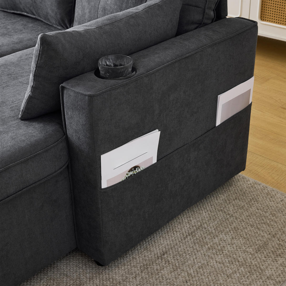 SCHLAFSOFA L-Form mit Stauraum und Getränkehalter - Grau, Textil (211/86/129.5cm)