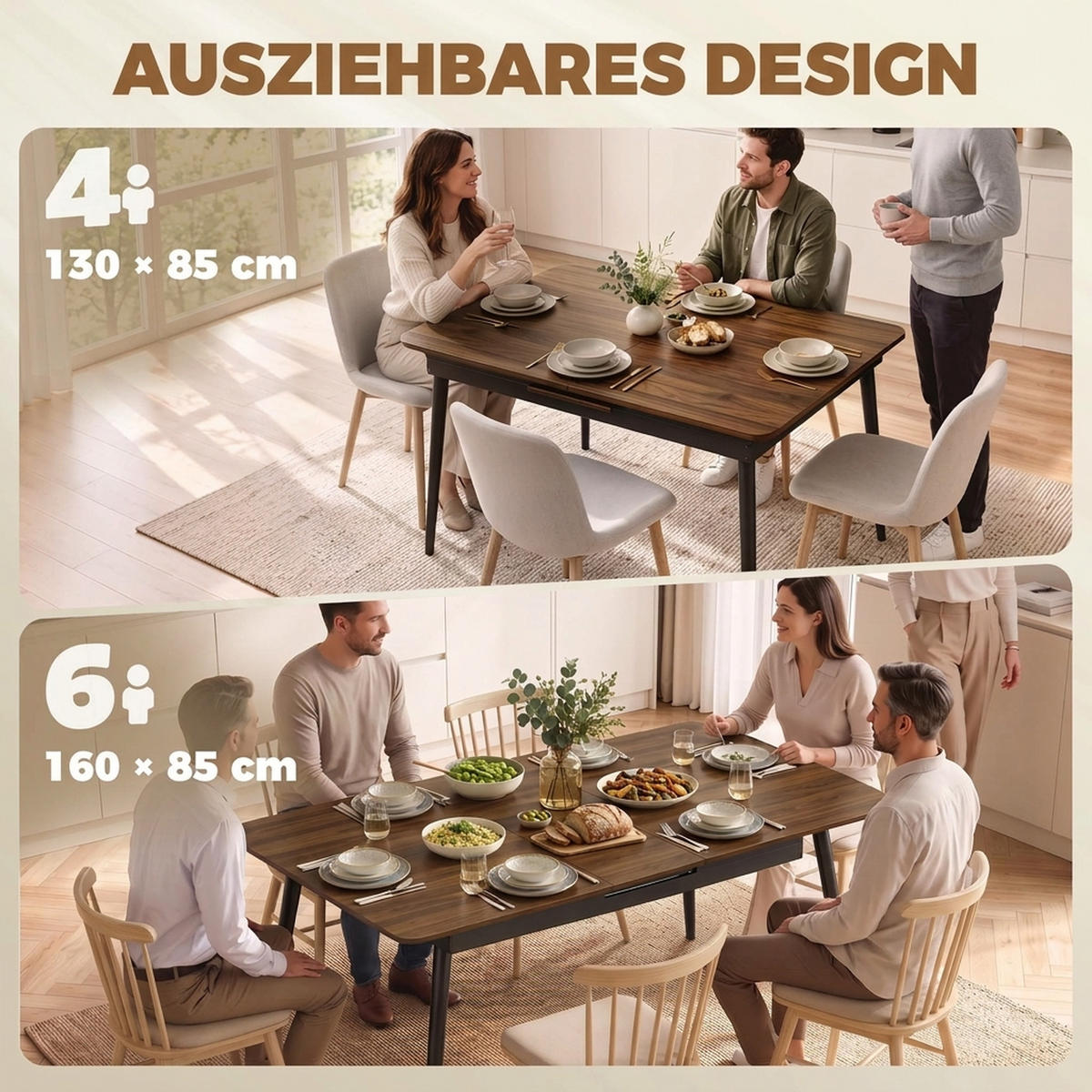 AUSZIEHBARER-ESSTISCH MDF Walnuss - Walnussfarben/Schwarz, Holzwerkstoff/Metall (160/85/75cm) - HOMCOM