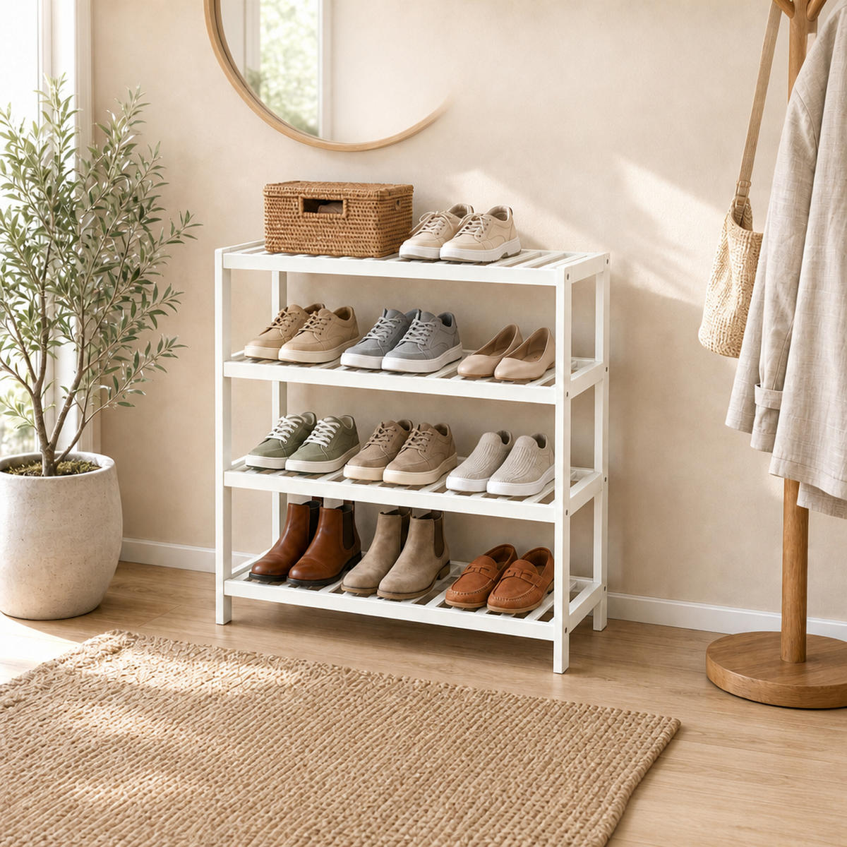 SCHUHREGAL Weiß Bambus 4 Ebenen - Weiß, Holz (70/75.5/24.5cm) - Relaxdays
