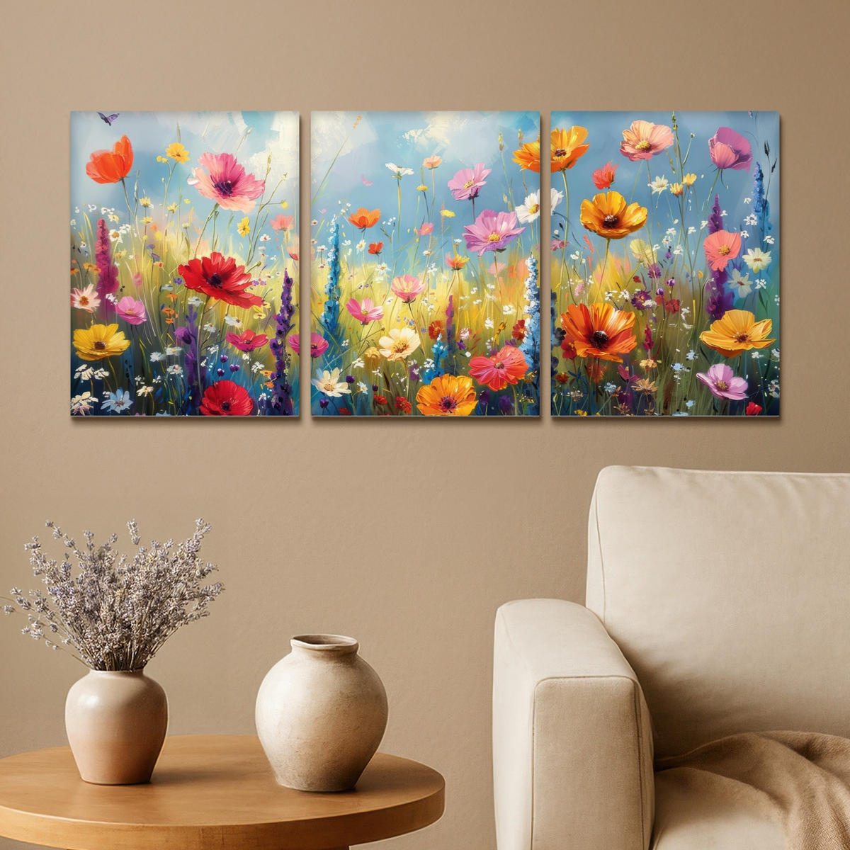 LEINWANDBILD 3er Set Blumen - Frühling - Farbenfroh - Sommerlich 90x40 cm - Orange, Textil (90/40cm) - MuchoWow