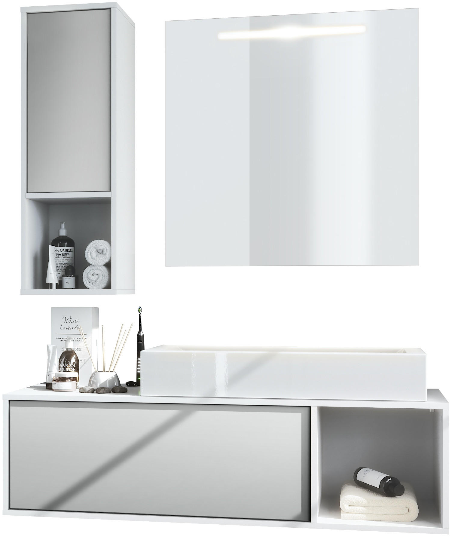 BADMÖBELSET La Costa Fronten in Hellgrau seidenmatt - Greige, Holzwerkstoff (126.5/190/46cm) - Vladon