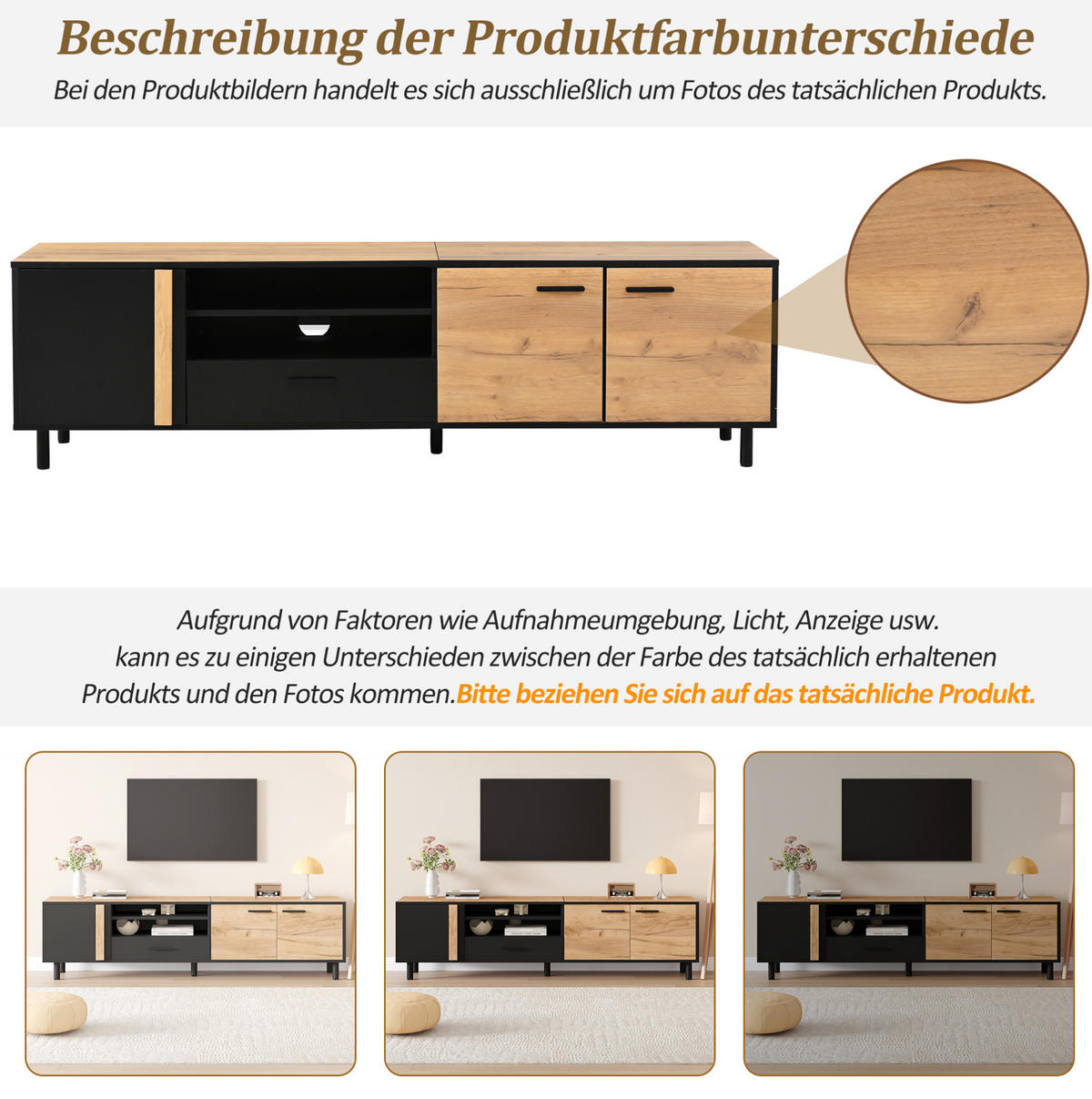 LOWBOARD 180/32,5/50 cm in Schwarz und Holzoptik mit 3 Türen und 1 Schublade - Schwarz, Holzwerkstoff (180/50/32.5cm) - Flora Grace