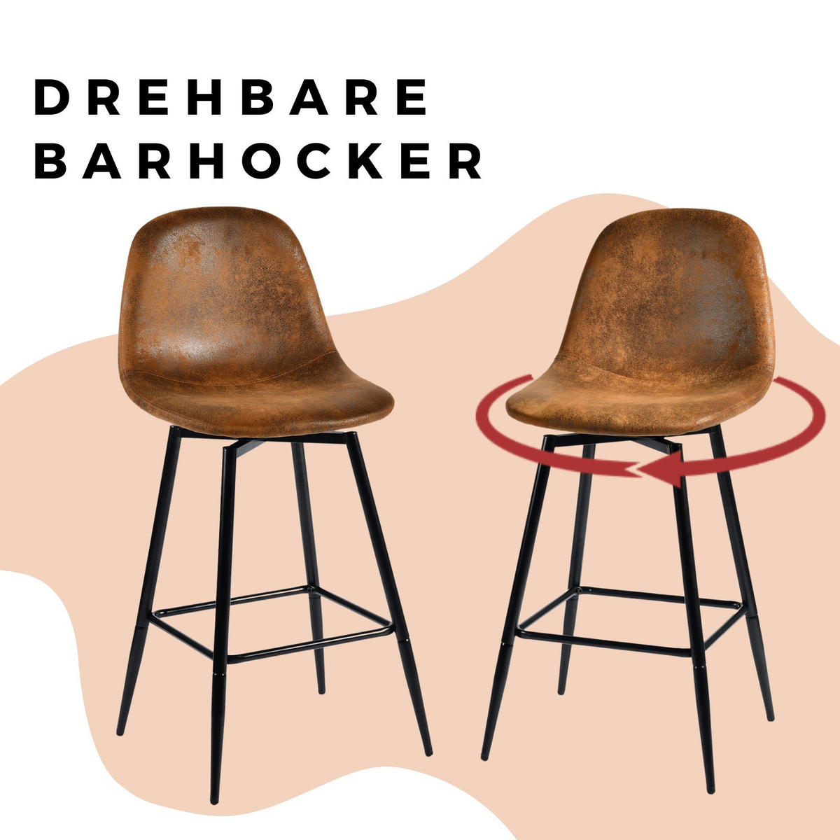 BARHOCKER Drehbare 2er-Set H67 CM - Schwarz/Braun, Textil/Metall (42/97/47cm) - Urban Meuble