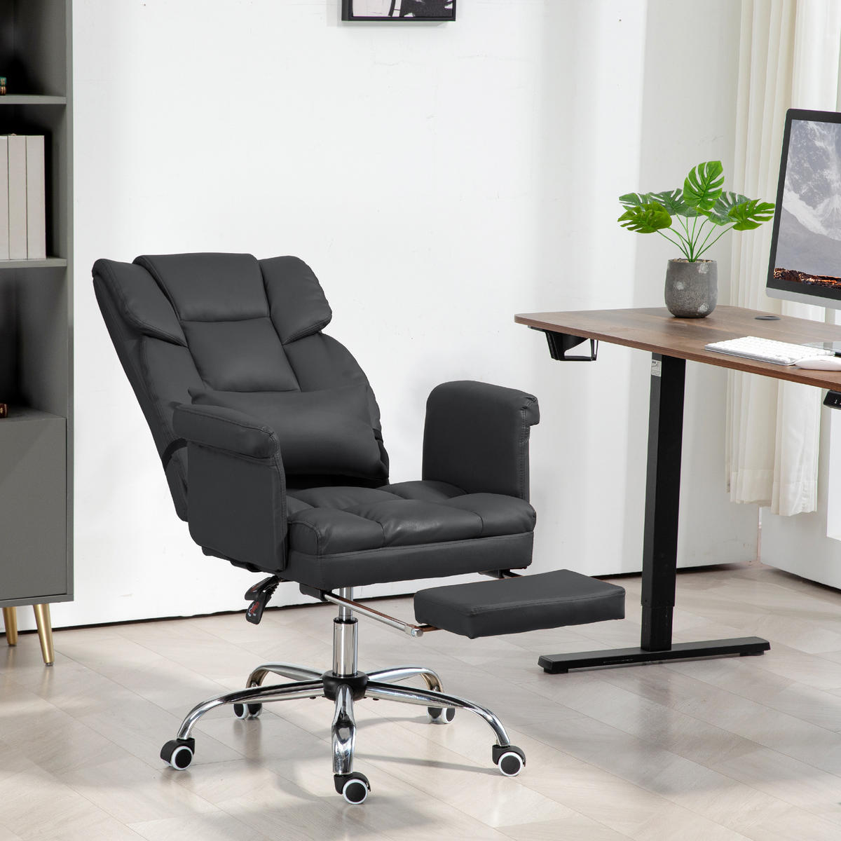 BÜROSTUHL, Ergonomisch Schreibtischstuhl mit Liegefunktion, Lendenkissen Schwarz - Chromfarben/Schwarz, Kunststoff/Metall (65/115/69cm) - HOMCOM