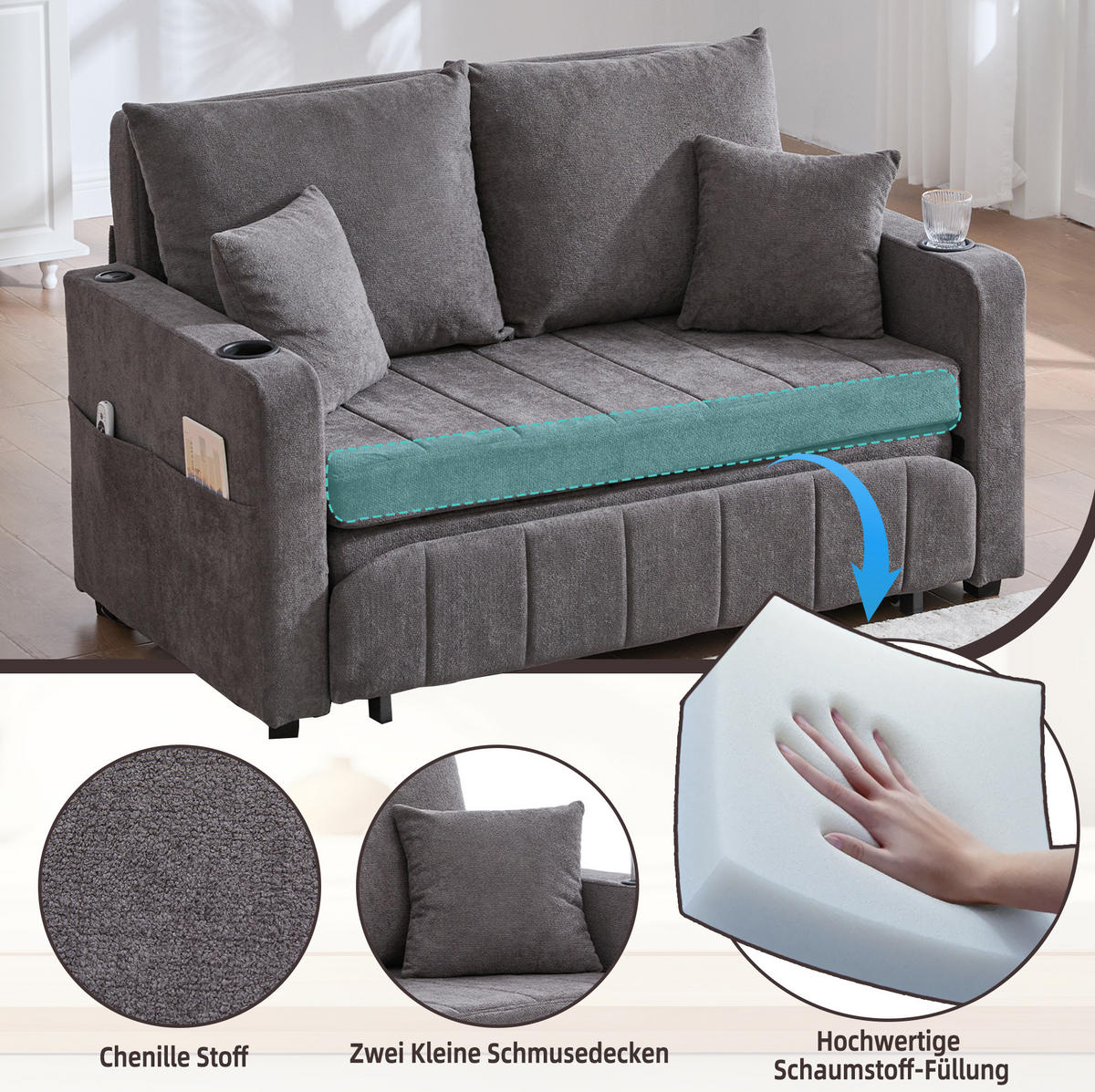 SCHLAFSOFA aus Chenille 139x83x58 cm Grau ausziehbar mit Armlehnentaschen, Kissen und hohem Sitzkomfort - Grau, Textil (73/83/139cm) - Modfu