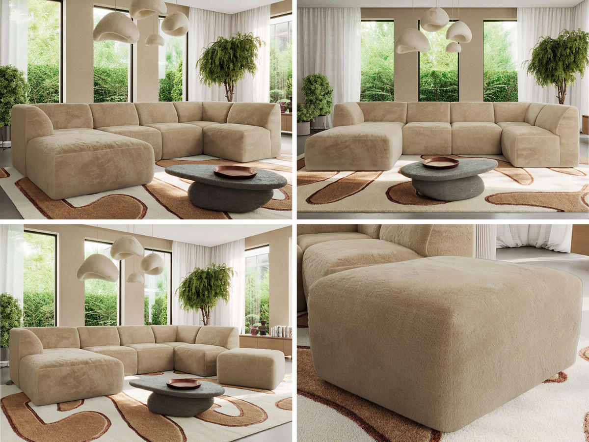 WOHNLANDSCHAFT MODARO U 6M - Beige Plüsch - Links - Beige/Schwarz, Textil (180/78/345cm) - MKS