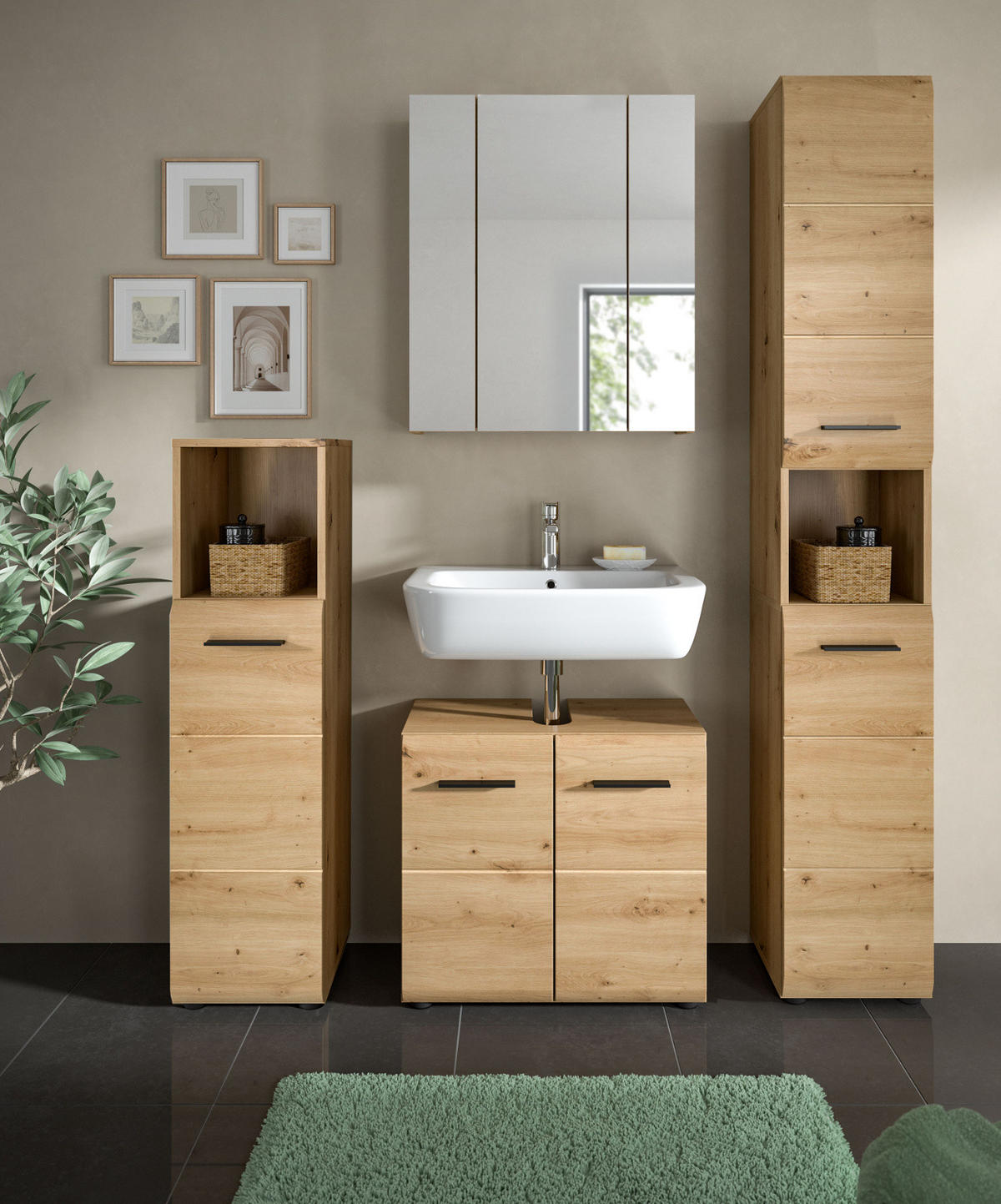 BADMÖBEL-SET 4-teilig in Artisan Eiche, Badkombination 150 x 185 cm, Cover - Schwarz/Eiche Artisan, Glas/Holzwerkstoff (150/185/30cm) - Inn.Furn