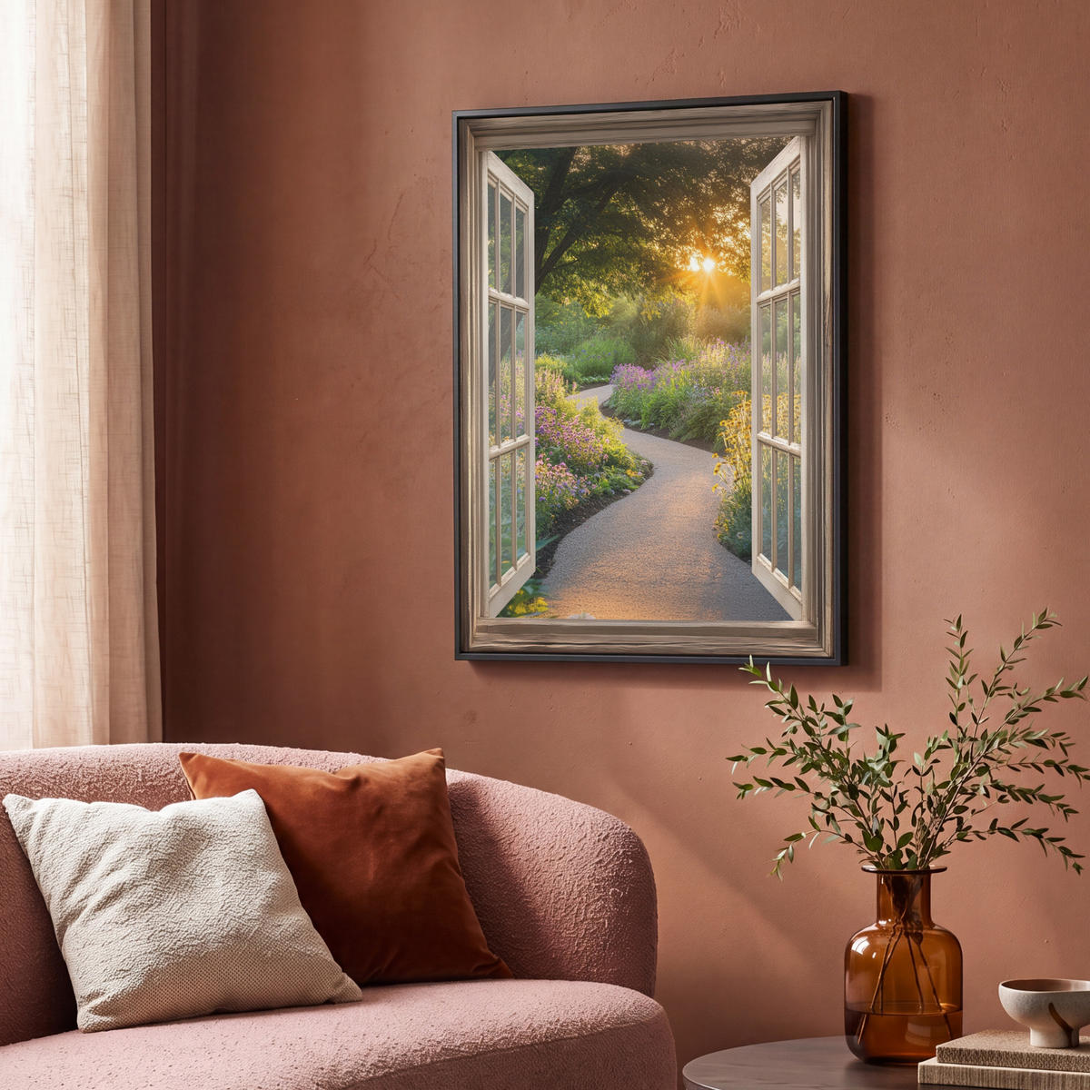 LEINWAND Bilder mit Rahmen - Aussicht - Blumen - Natur - Sonne - Weg - 70x100 - Hellgelb, Textil (70/100cm) - MuchoWow
