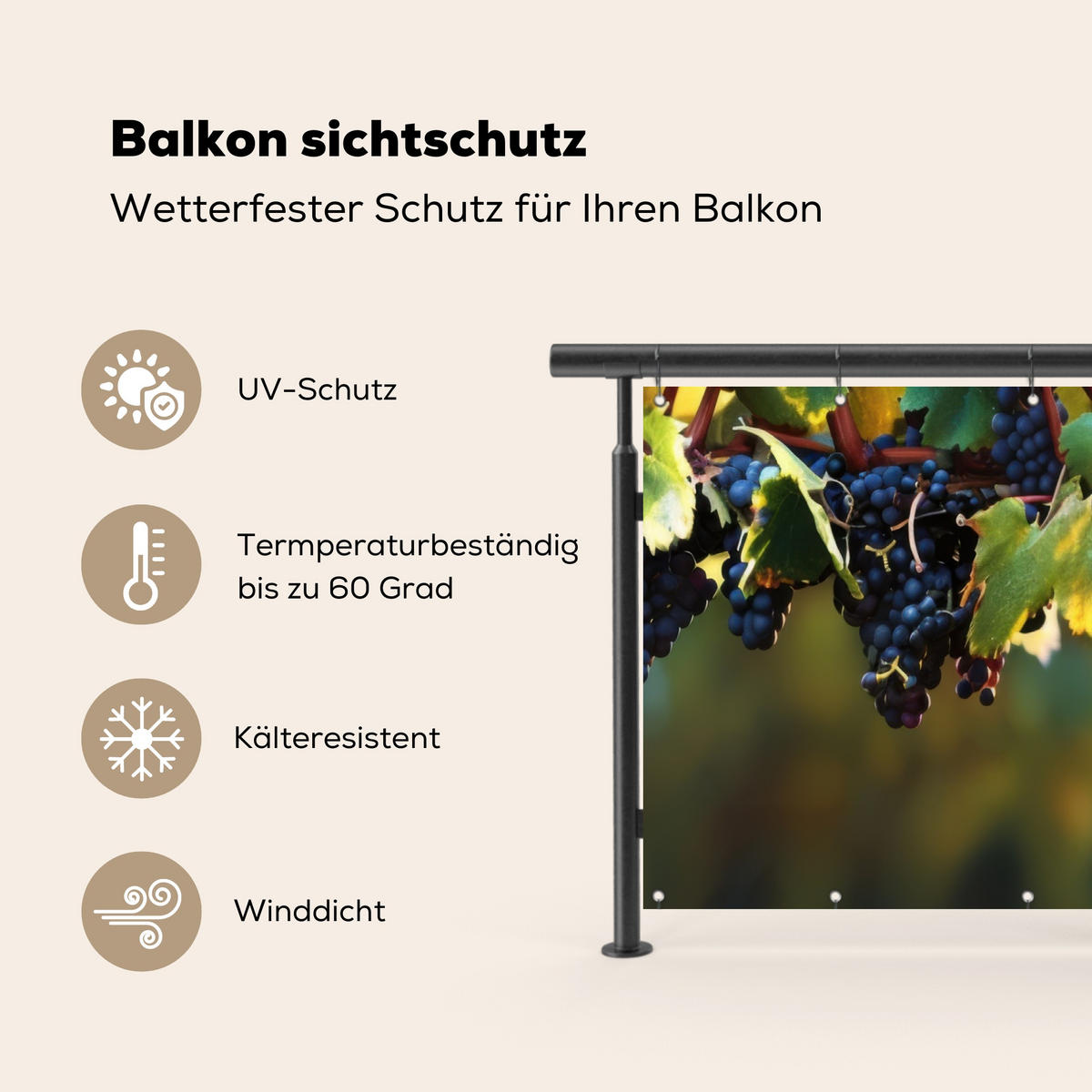 BALKON-SICHTSCHUTZ Trauben - Wein - Natur - Grün - Weinrot, Kunststoff (200/110cm) - MuchoWow
