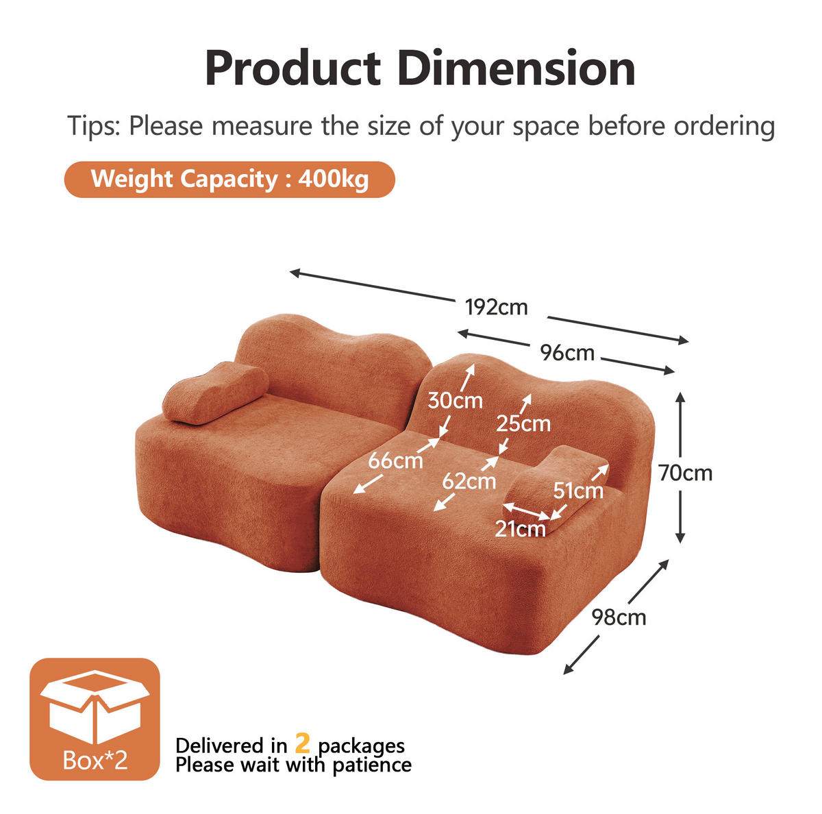 SOFA modular Wellenform Samt Orange - Orange, Holzwerkstoff (98/70/192cm) - Meubliv