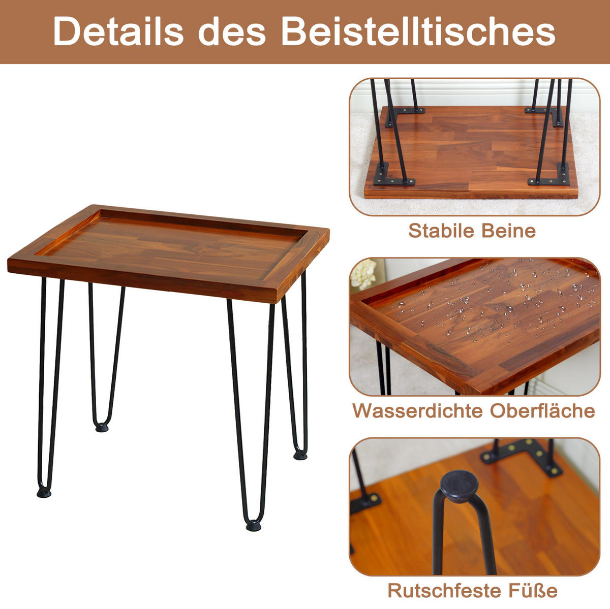 COUCHTISCH 55/45/53 cm mit Massivholzplatte, lackierten Eisenfüßen und rutschfesten Fußpolstern, Naturholz - Naturfarben, Holzwerkstoff (55.5/45/53cm) - Redom