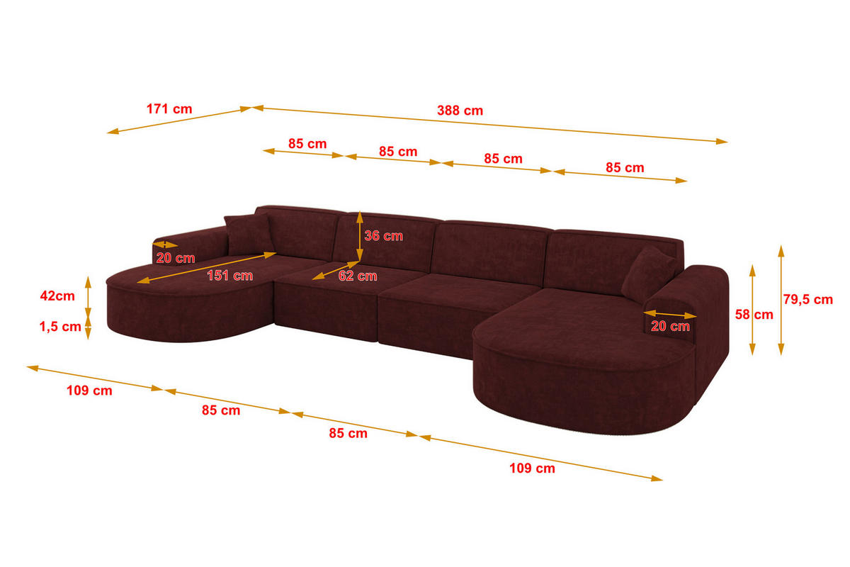 WOHNLANDSCHAFT MARI-U2 - 388x171x79 cm Bordeaux Velours - Bordeaux/Schwarz, Holzwerkstoff/Kunststoff (388/79/171cm) - ALTDECOR