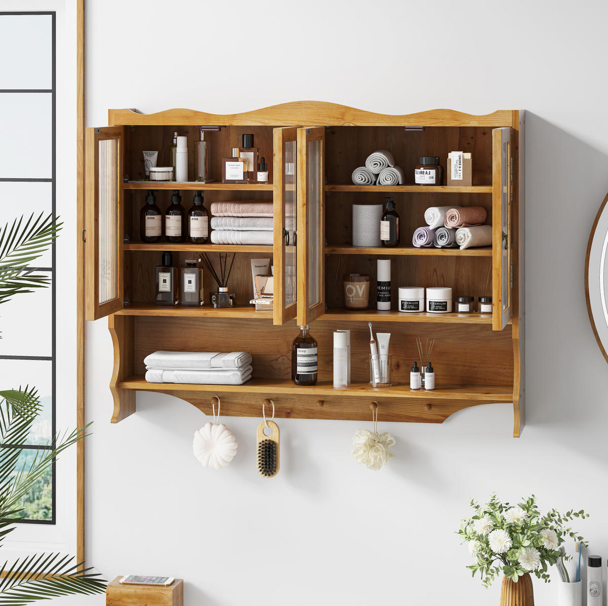 KÜCHENOBERSCHRANK 100/20/80 cm mit 4 Türen, offenen Haken und herausnehmbaren Böden, Massivholz und Glas, Natur - Naturfarben, Holz (100/80/20cm) - Redom