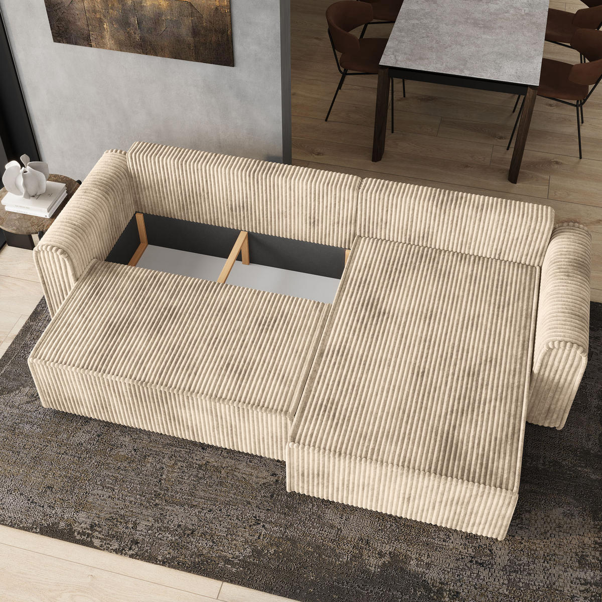 ECKSOFA VALTINO Creme Kordstoff mit Schlaffunktion - Creme, Holz (275/148cm) - MASSENO