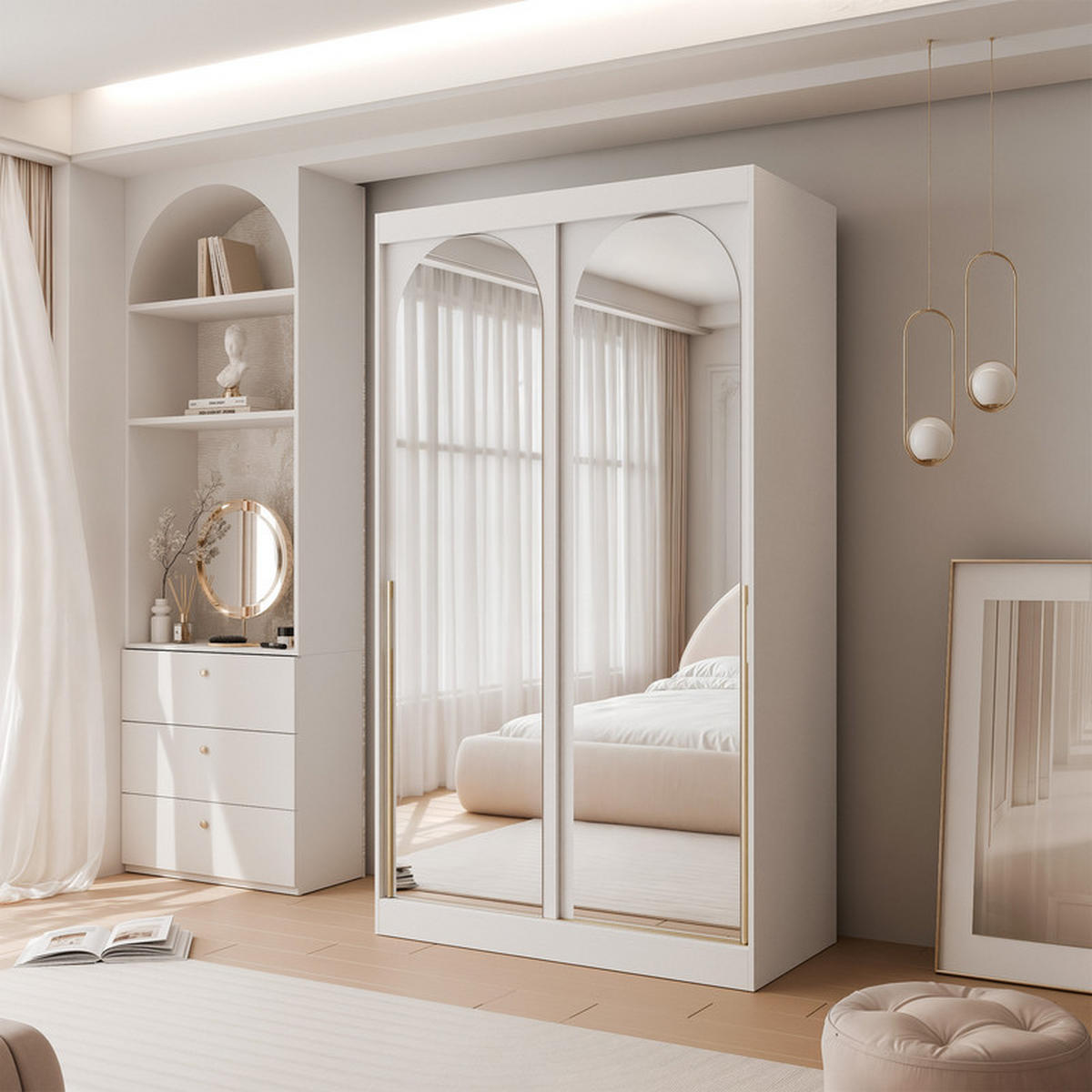 SCHWEBETÜRENSCHRANK CLARITY 2-türig 120/65/215 cm Weiß / goldene Griffe - Goldfarben/Weiß, Holzwerkstoff/Kunststoff (120/215/65cm) - Idohome