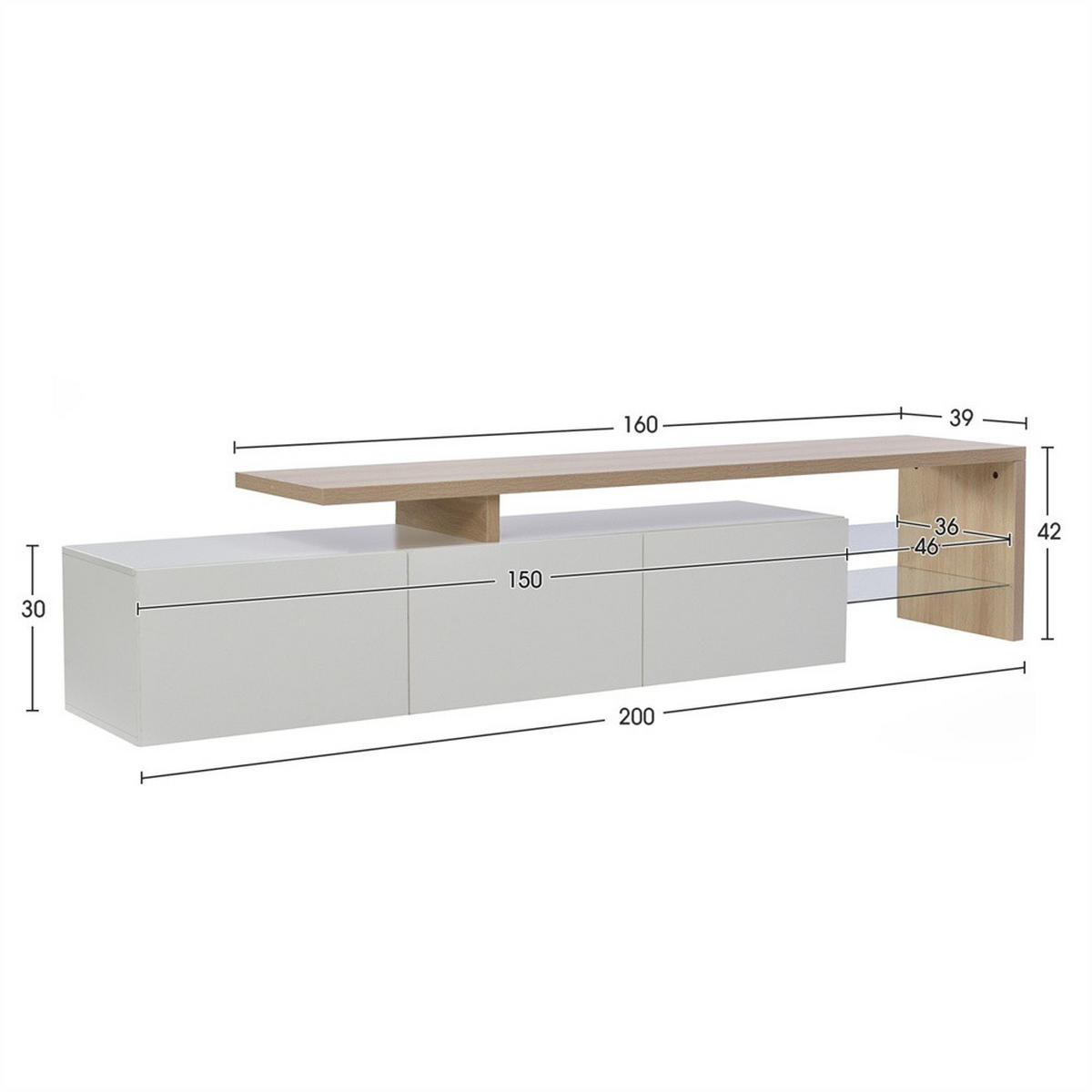 TV-LOWBOARD - TV-Schrank mit LED-Beleuchtung - offenem Glasregal und Stauraum - Weiß+Natur - Weiß, Holzwerkstoff (39/42/200cm) - DELFA