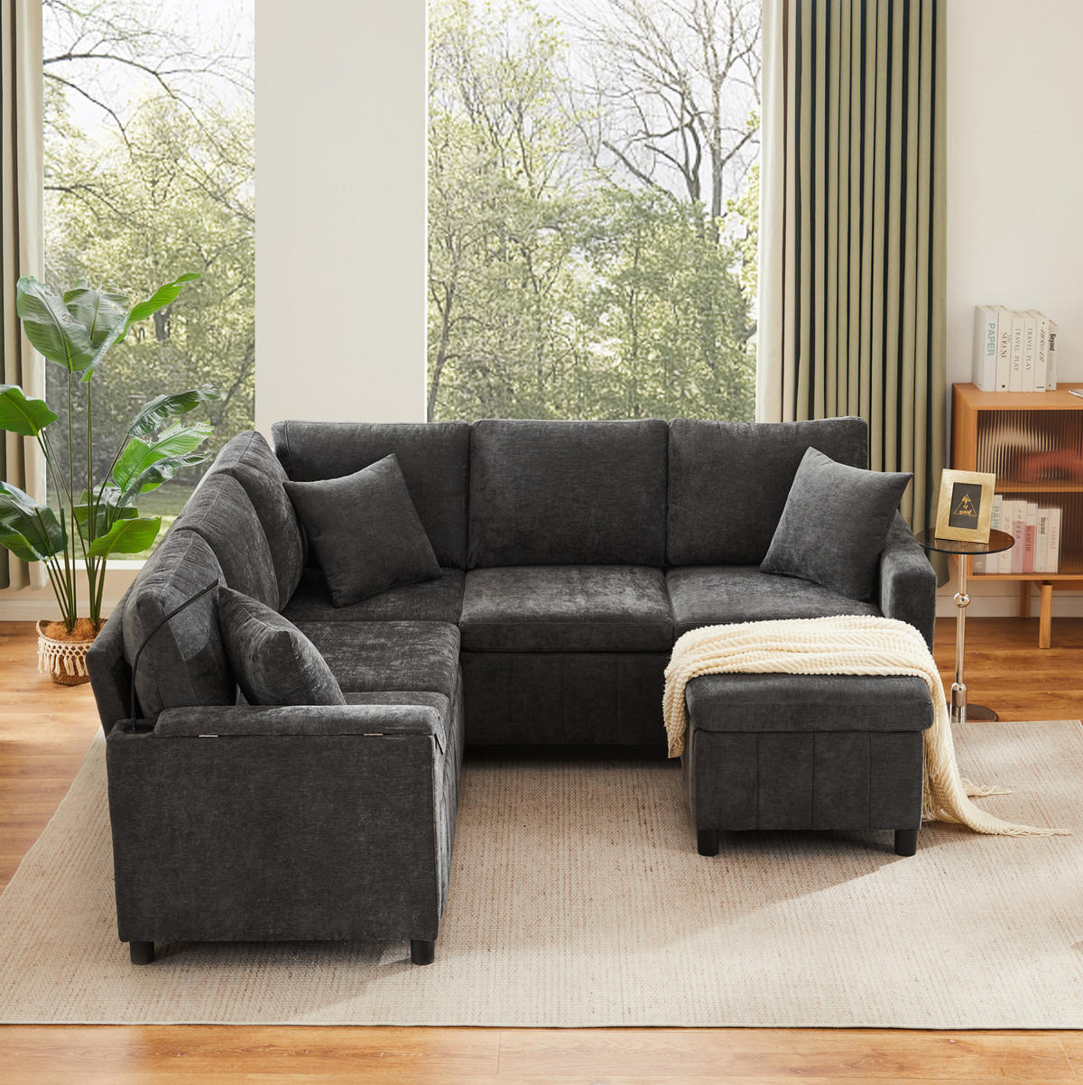 ECKSOFA Chenille mit Schlaffunktion und Hocker, USB-Anschluss/Type-C 205/205/85 cm Grau - Grau, Textil (205/205cm) - Redom