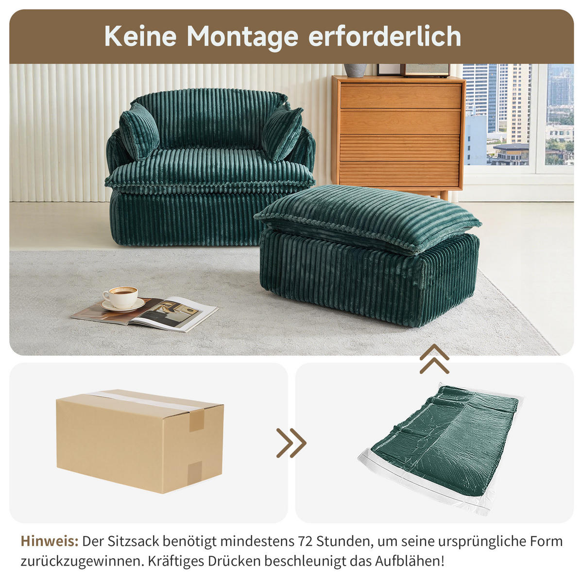 SESSEL DE-35257 mit Hocker Grün - Grün, Textil (89/77/115cm) - ComfortXL