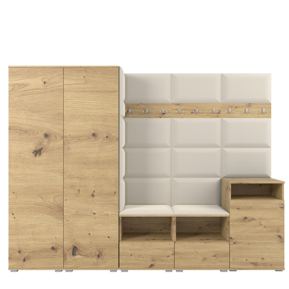 GARDEROBE NELA VIII 250 cm (Modulare Flurmöbel Artisan Eiche mit Sitzpolster Creme 01 2 Schränke + Sideboard) - Silberfarben/Creme, Holz/Holzwerkstoff (250/187/40cm) - Ravio