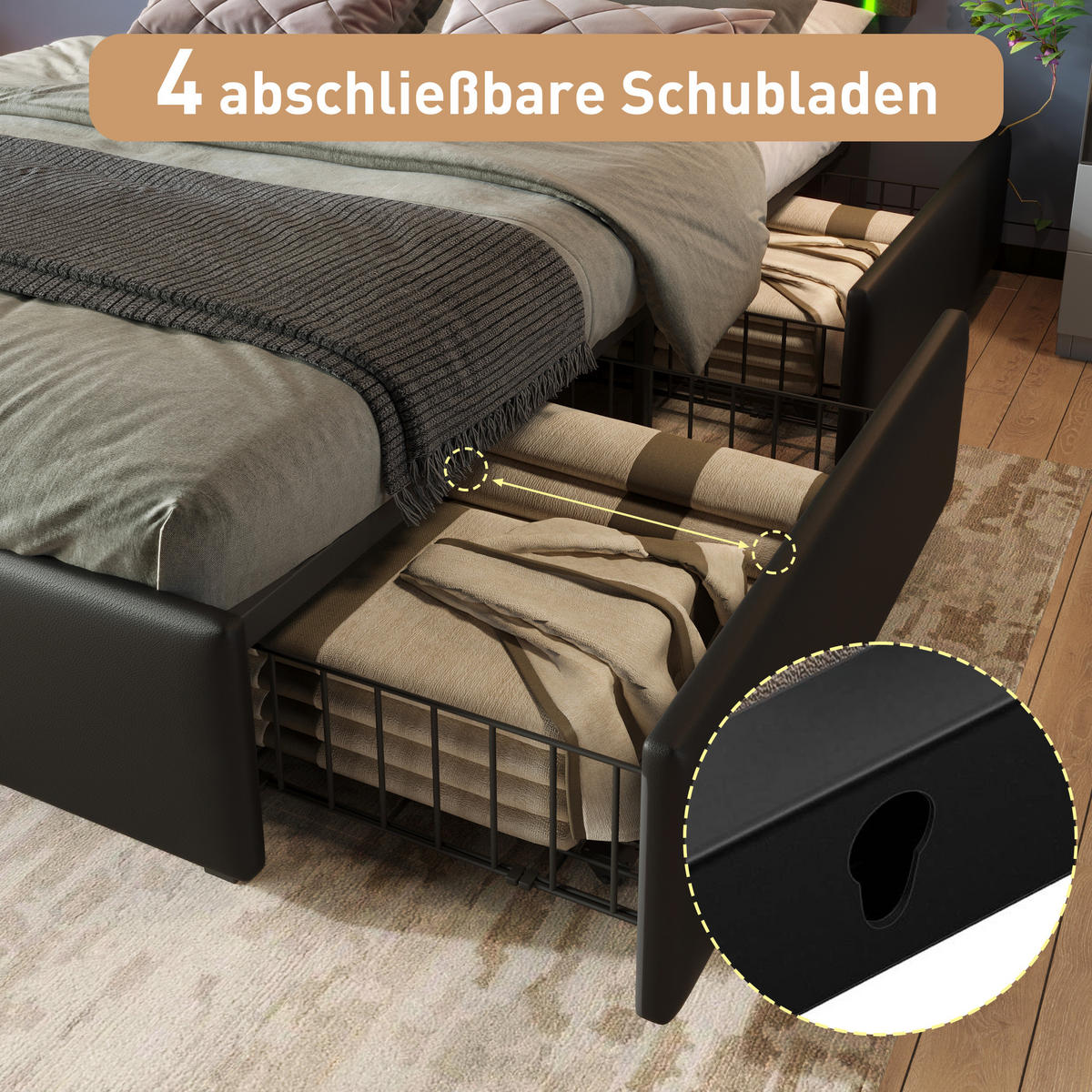 POLSTERBETT 90/200 cm in Schwarz mit 4 Schubladen, LED und verstellbarem Kopfteil - Schwarz, Holzwerkstoff/Textil (90/200cm) - STILVORA