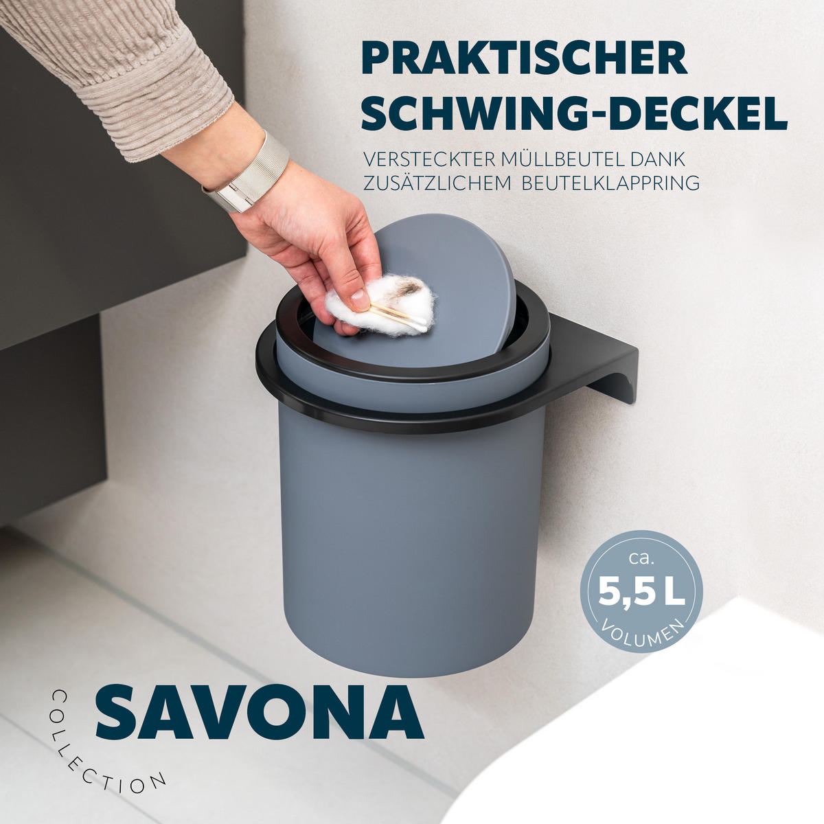 WC-GARNITUR 2-TLG. Bürste u. Eimer SAVONA Softtouch inkl. Wandhalterung, rund - grau - Grau, Kunststoff (19/24.5/19cm) - bremermann