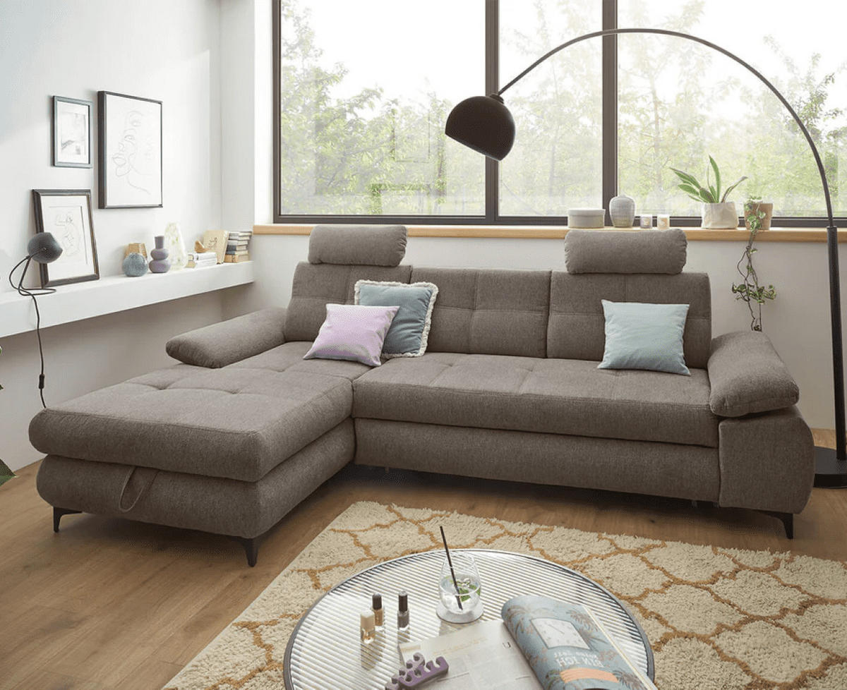 ECKSOFA mit Schlaffunktion und Bettkasten - Schwarz/Braun, Kunststoff/Textil (274/177cm) - ed exciting design