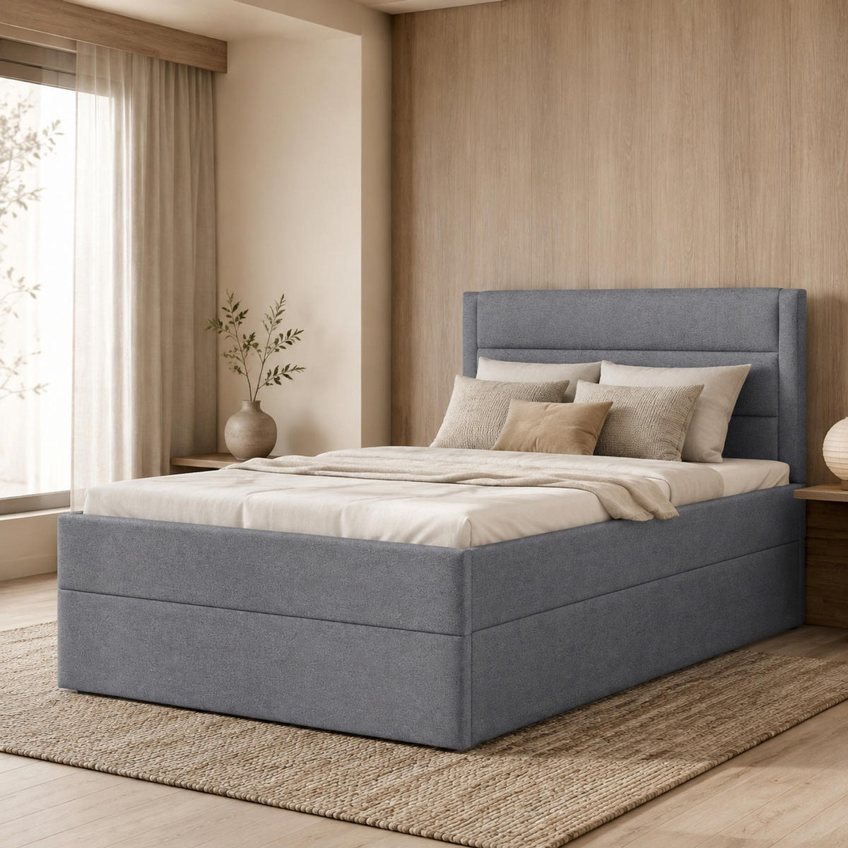 POLSTERBETT 90/200 mit Metallrahmen, Lattenrost und großem Stauraum ohne Matratze in Grau - Grau, Holzwerkstoff/Textil (90/200cm) - EVRYAE