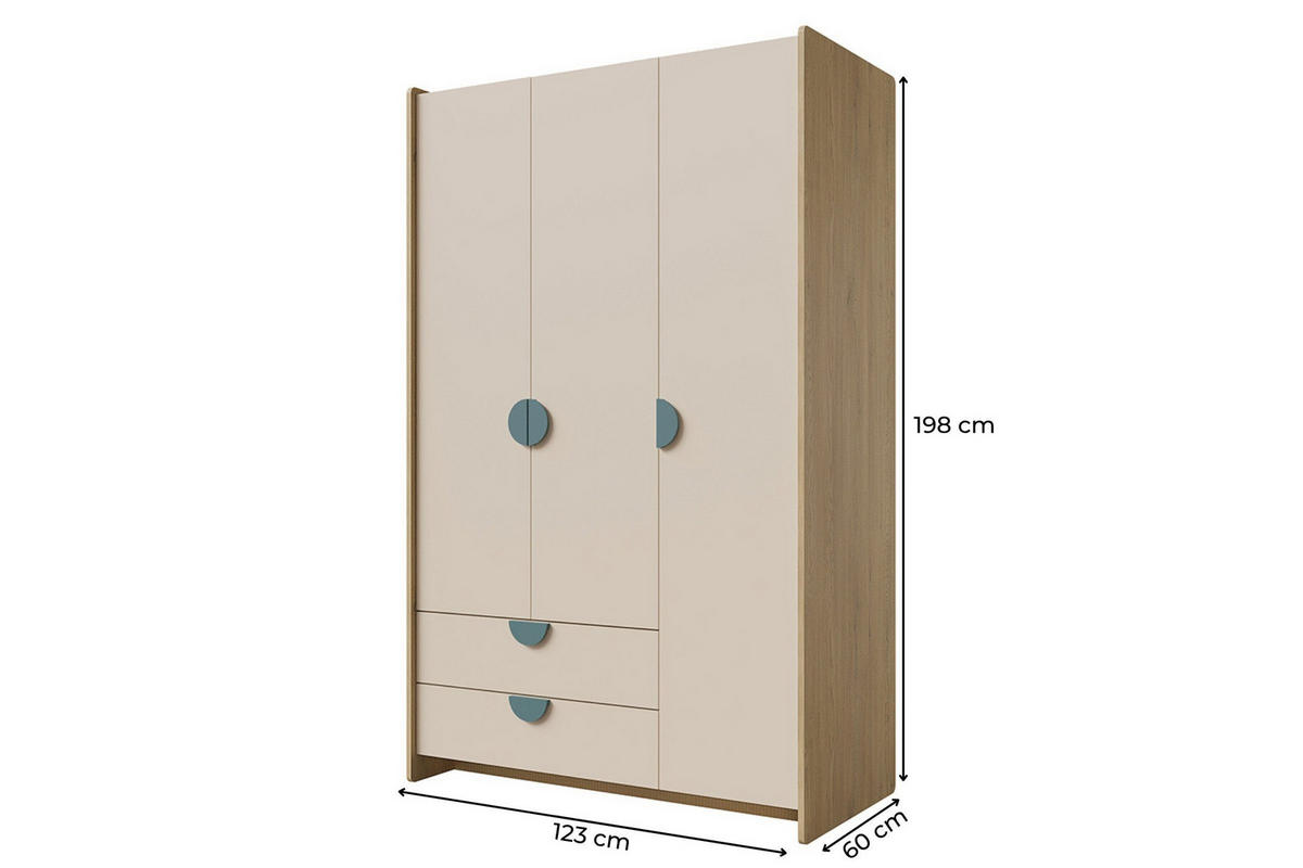 KINDERKLEIDERSCHRNAK LEXO 01 123/198/60 cm in Eiche Cremona/Macadamia/Meeresblau - Blau/Eichefarben, Holzwerkstoff (123/198/60cm) - Deine Möbel 24