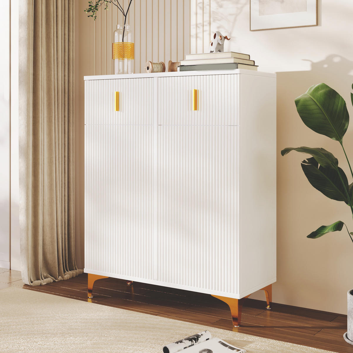 SIDEBOARD in Weiß mit Strukturpaneelen, verstellbaren Einlegeböden und Schubladen für Wohzimmer, B83/T35/H101cm - Goldfarben/Weiß, Holzwerkstoff/Metall (82/101/35cm) - STILVORA
