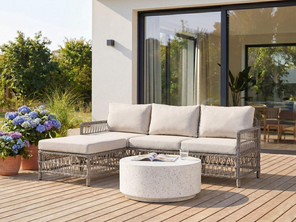 GARTENSOFA mit Ottomane 3-Sitzer Polyrattan Grau Ofena - Grau, Kunststoff (186/83/66cm) - Beliani