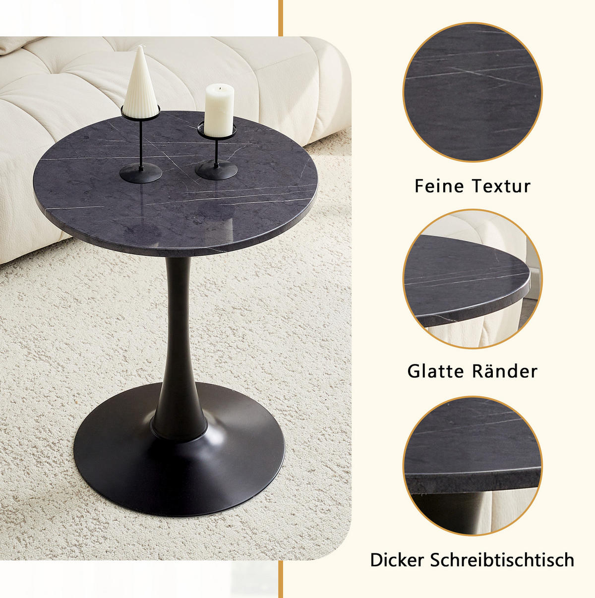 BEISTELLTISCH 60/60/72 cm in runder Form mit thermoformierter Tischplatte und Metallgestell, Schwarz - Schwarz, Holzwerkstoff (60/60/72cm) - Redom