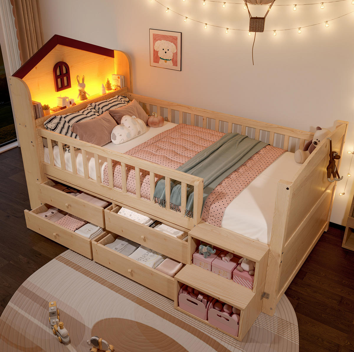 HALBHOHES Kinderbett 90/200 cm aus Kiefernholz mit LED-Beleuchtung, 4 Schubladen und Regalleiter, Weiß/Natur - Naturfarben, Holzwerkstoff (90/200cm) - Redom